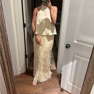 Arrange Hybrid halter trapeze fringe skirt maxi dress ASOS